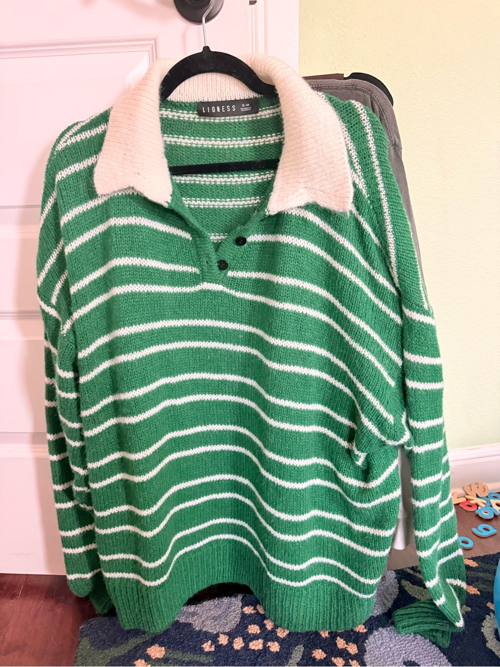 Lioness Green & White Striped Polo Knit Sweater